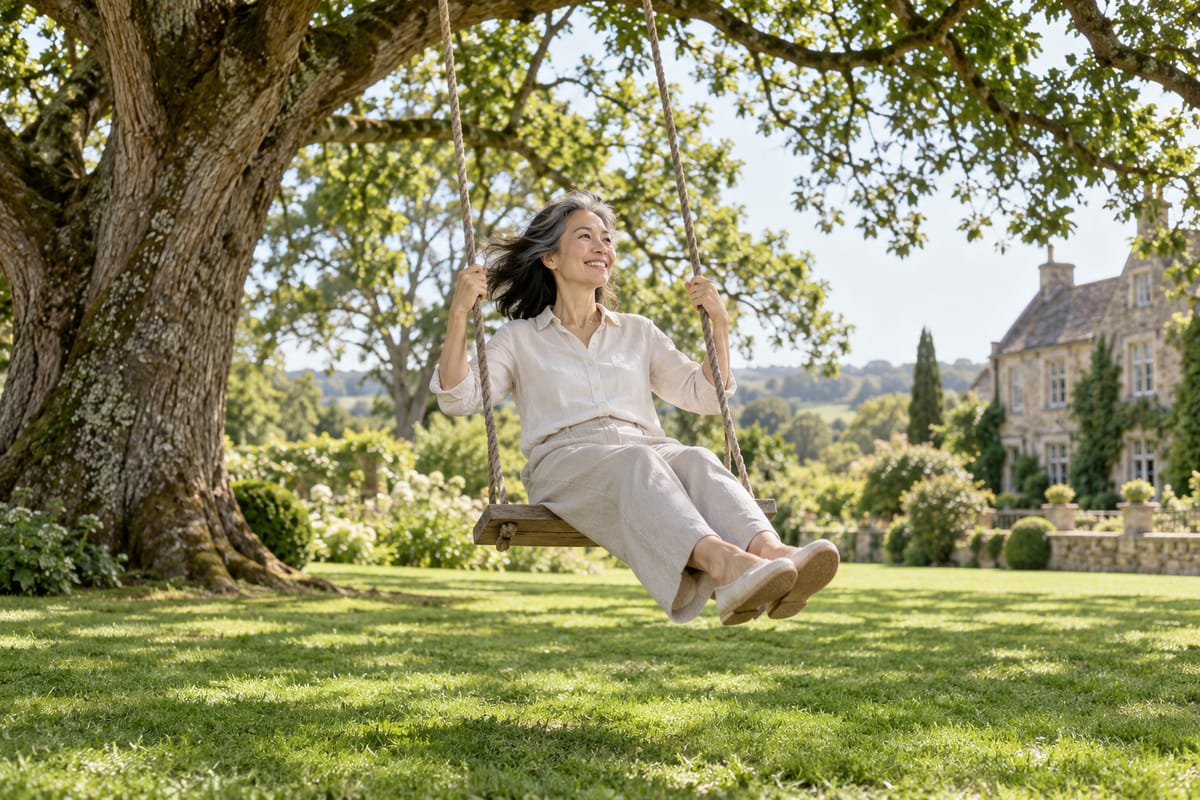 晨光里，一位女士在老树下荡秋千，高高荡向空中。