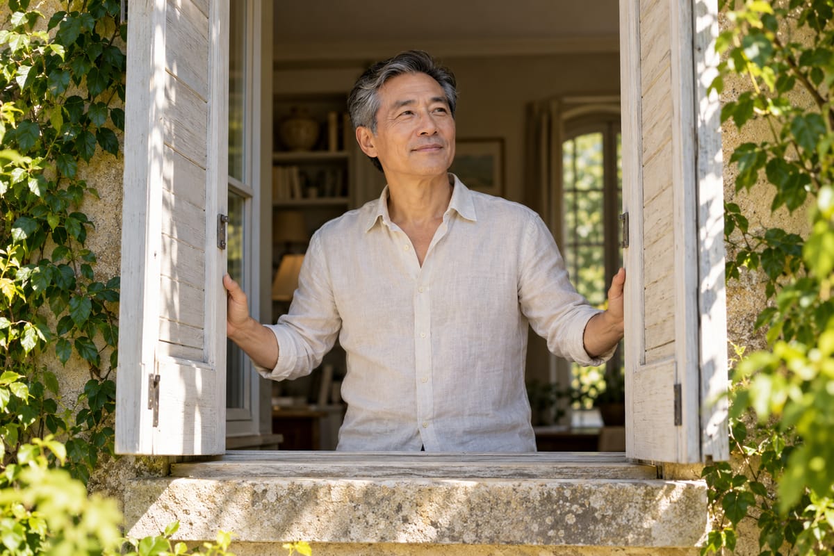 A man opens tall shutters onto the morning sun.