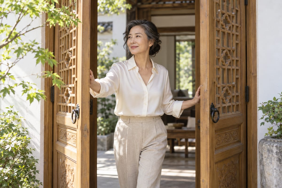 晨光里，一位女士推开雕花木门，门外是阳光明媚的庭院。