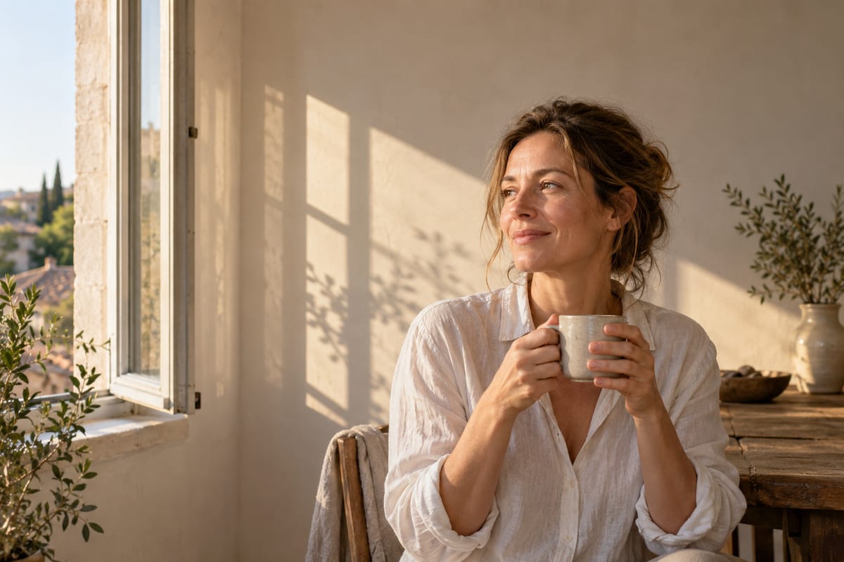 A woman sits smiling by an open window in the morning sun, cradling a cup.