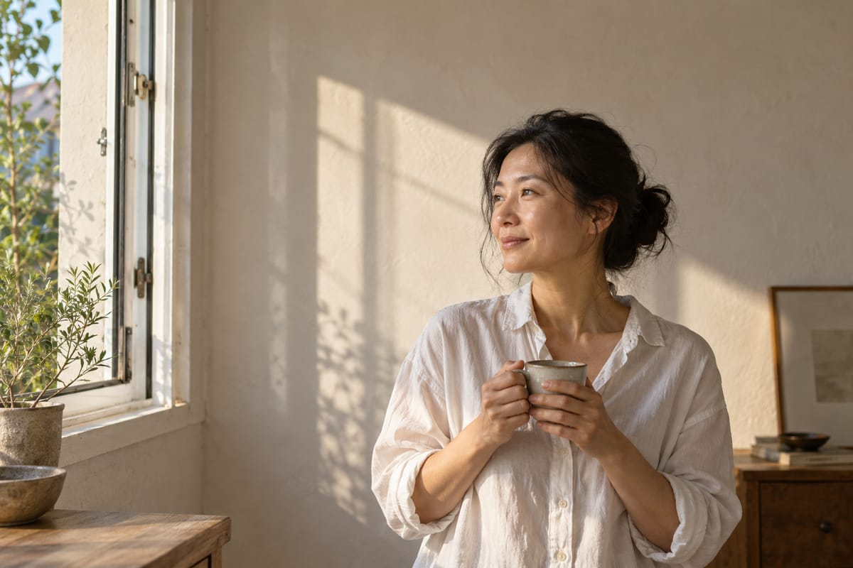 晨光里，一位女士站在敞开的窗边，双手捧杯，含笑望向窗外。