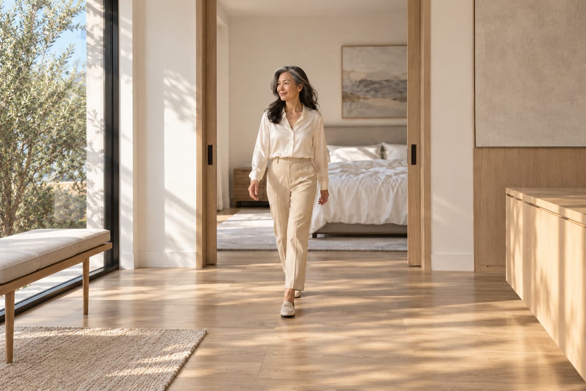 A woman walks out of a sunlit bedroom, dressed and ready for the day.