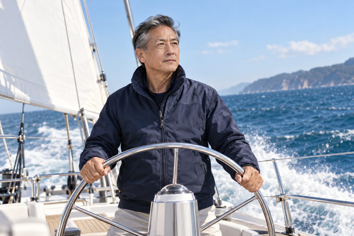 A man steers a yacht through a fresh breeze, calm and focused.