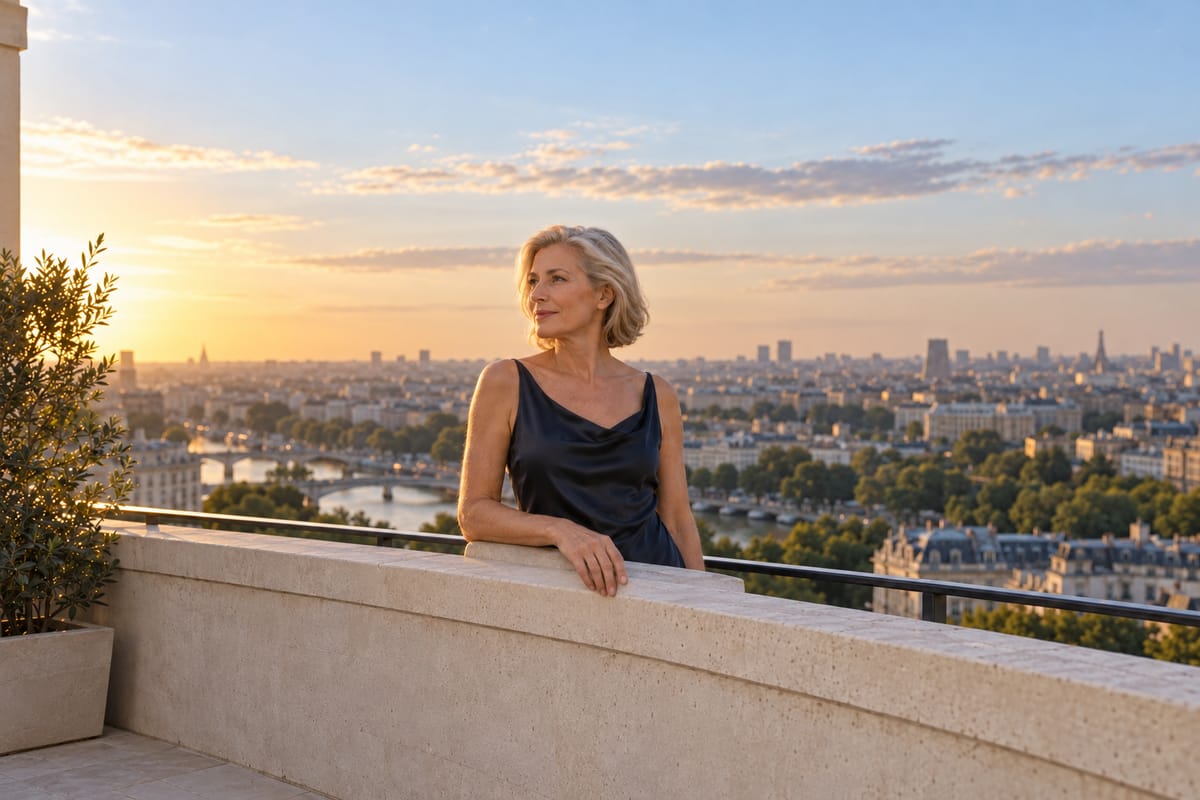 A woman, dressed for the evening, looks out over the city at golden hour.