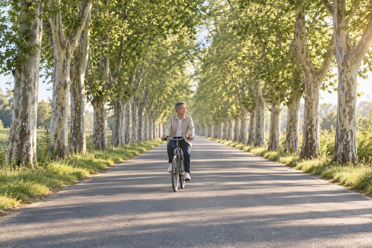 A man cycles down a long avenue of plane trees through bands of morning light.