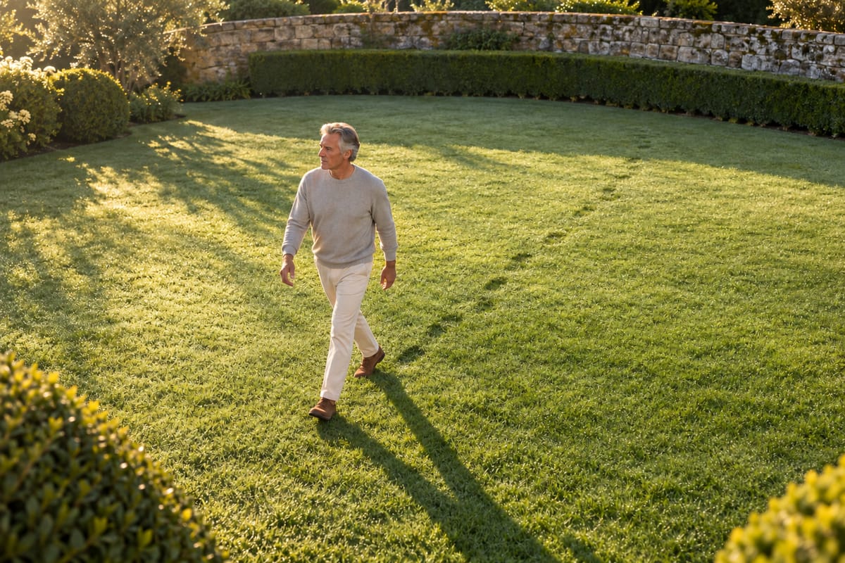A man walks alone across a dewy walled garden at sunrise.