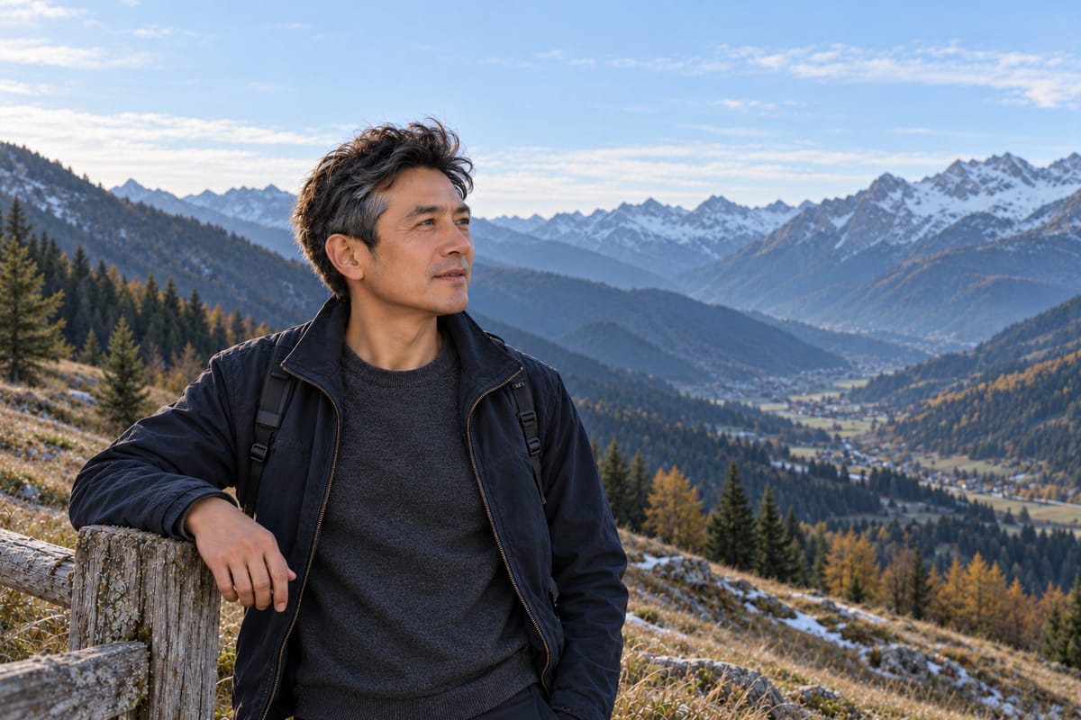 A man leans on a weathered fence above a valley, smiling at the snowy peaks.