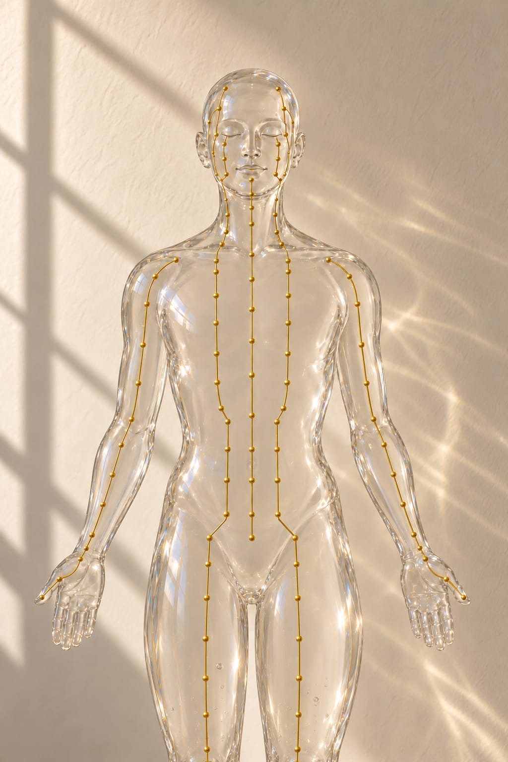 A clear glass figure in morning light, three of its acupuncture channels traced in fine gold.