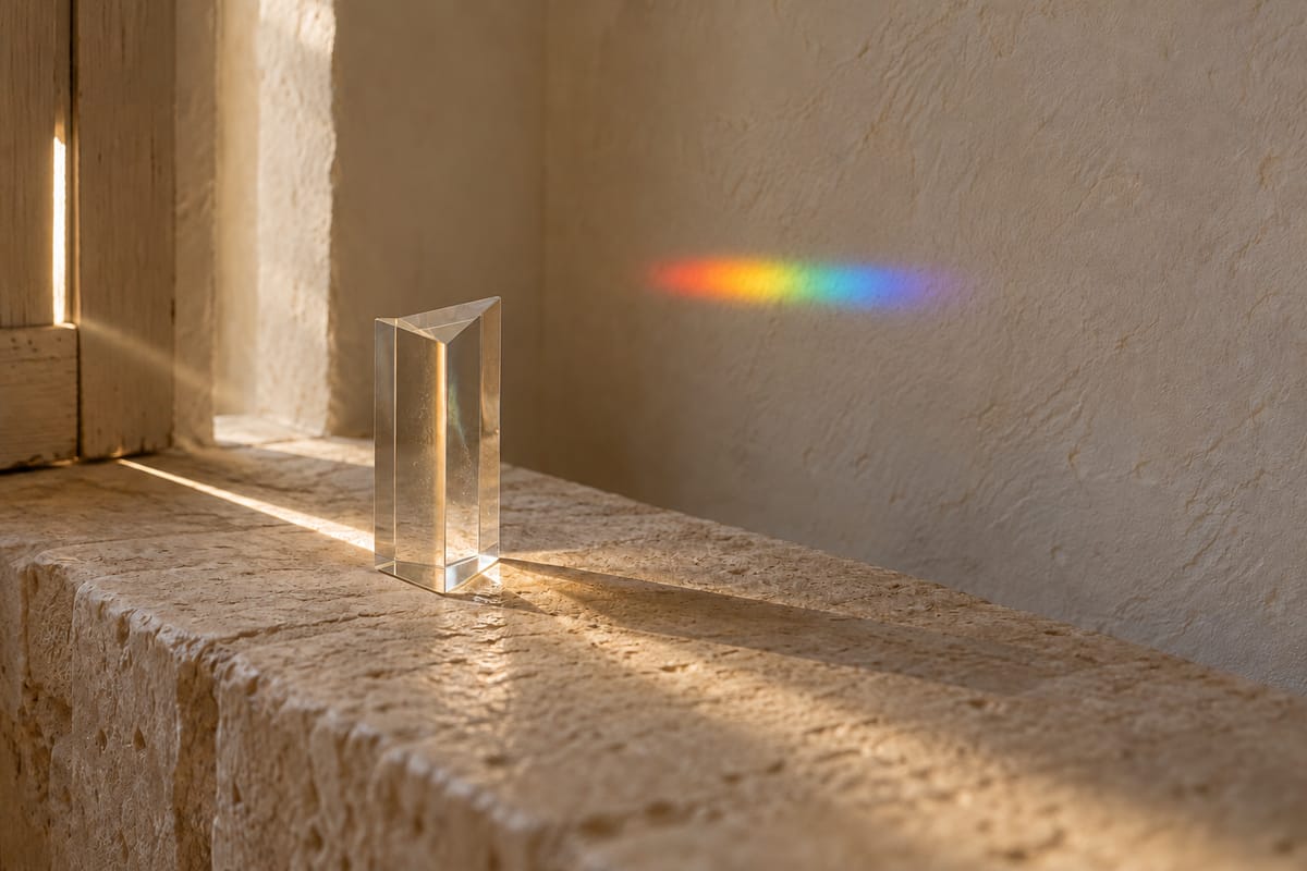 A glass prism on a stone sill splits morning sunlight into a band of colour on the wall.