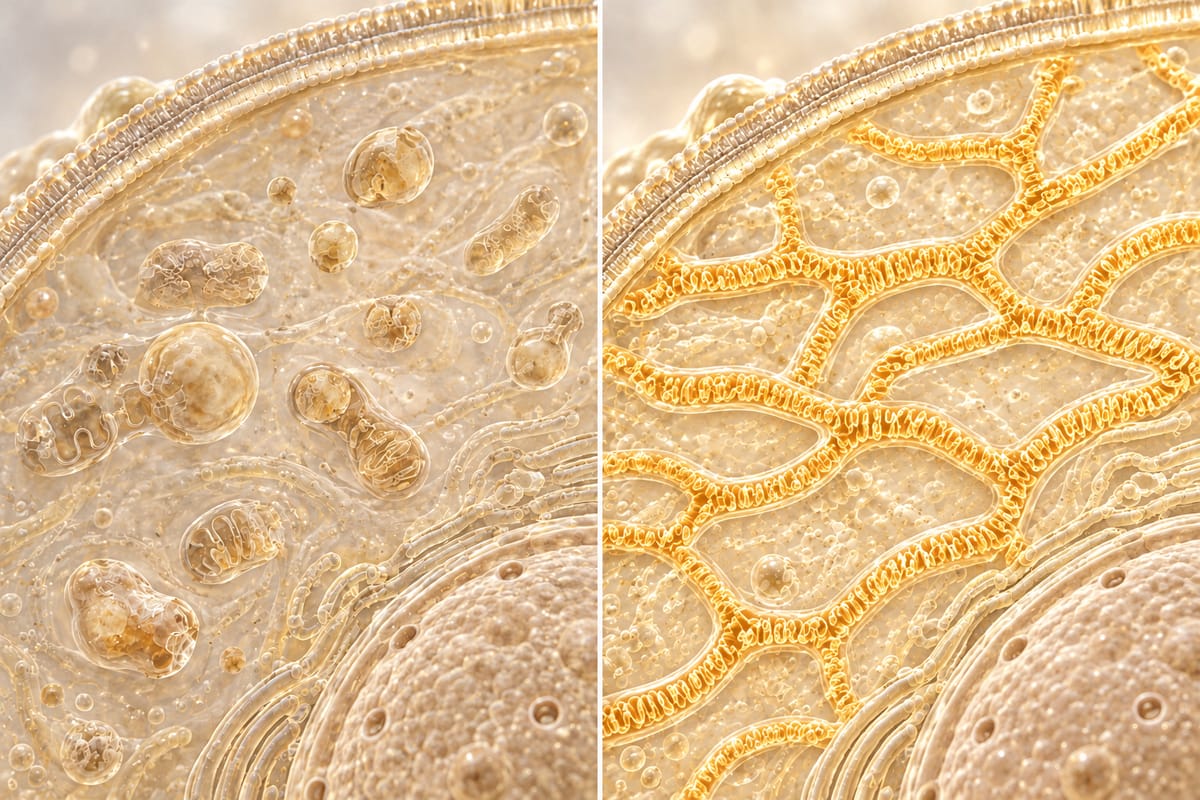 Illustration: mitochondria in an older cell (left) and in a young cell (right).